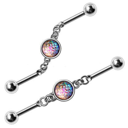 316L Stainless Steel Rainbow Cabochon Chain Industrial Barbell by Fashion Hut Jewelry