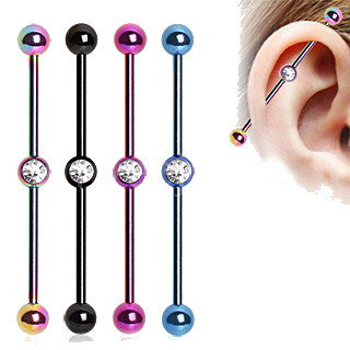 PVD Plated Industrial Barbell with Gem Ball in the Center by Fashion Hut Jewelry