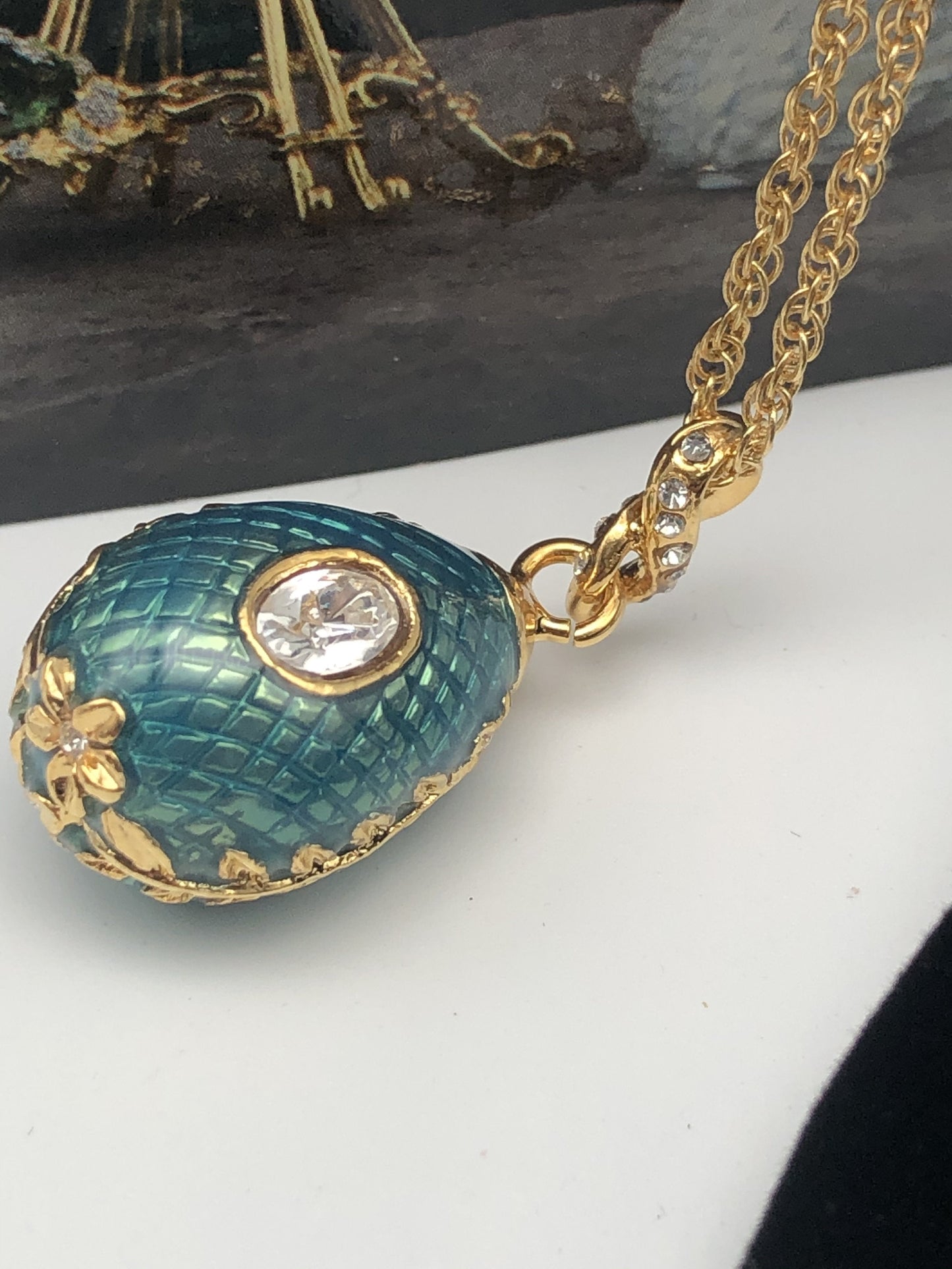 Teal Egg Pendant Gold Necklace by Keren Kopal