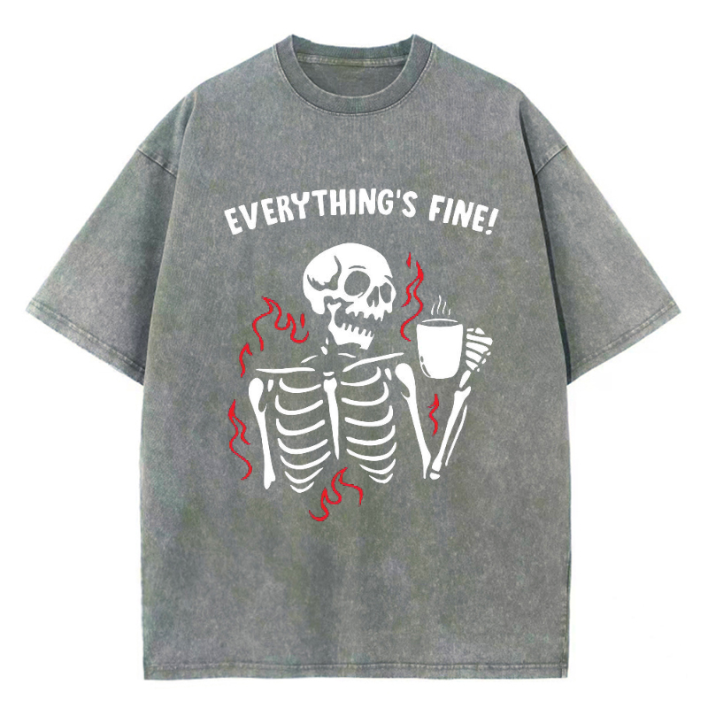 Unisex Everything's Fine Skull Letter Printed Retro Washed Short Sleeved T-Shirt by migunica