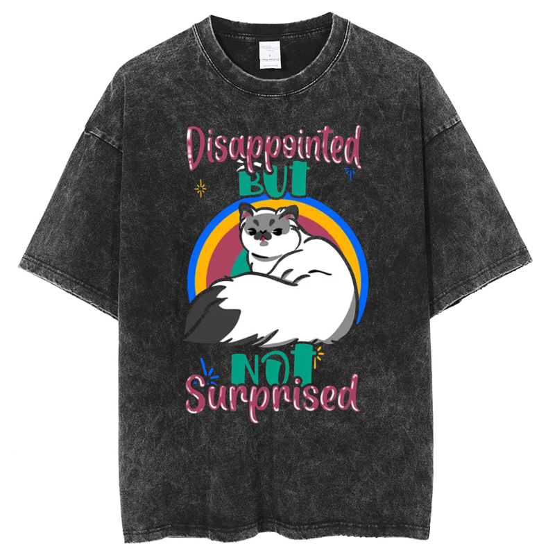 Unisex Disappointed But Not Surprised Cat Printed Retro Washed Short Sleeved T-Shirt by migunica