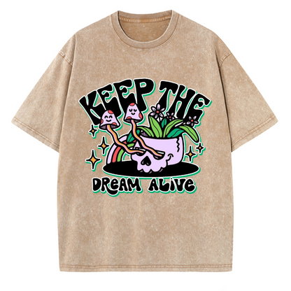 Unisex Keep The Dream Alive Printed Retro Washed Short Sleeved T-Shirt by migunica