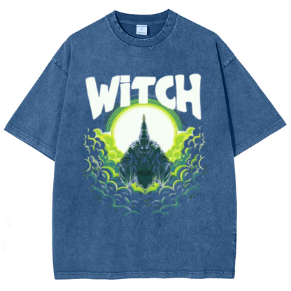 Witch Unisex Oversized Print Vintage Wash Denim T-Shirt by migunica