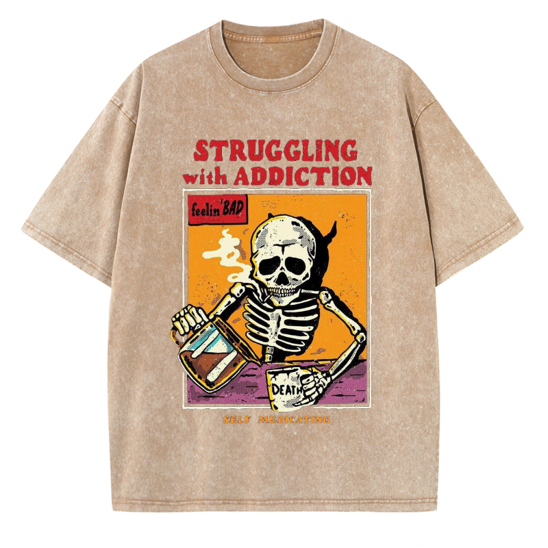 Unisex Struggling With Addiction Skull Illustration Printed Retro Washed Short Sleeved T-Shirt by migunica