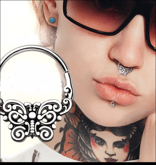 316L Stainless Steel Ornate Butterfly Seamless Ring / Septum Ring by Fashion Hut Jewelry