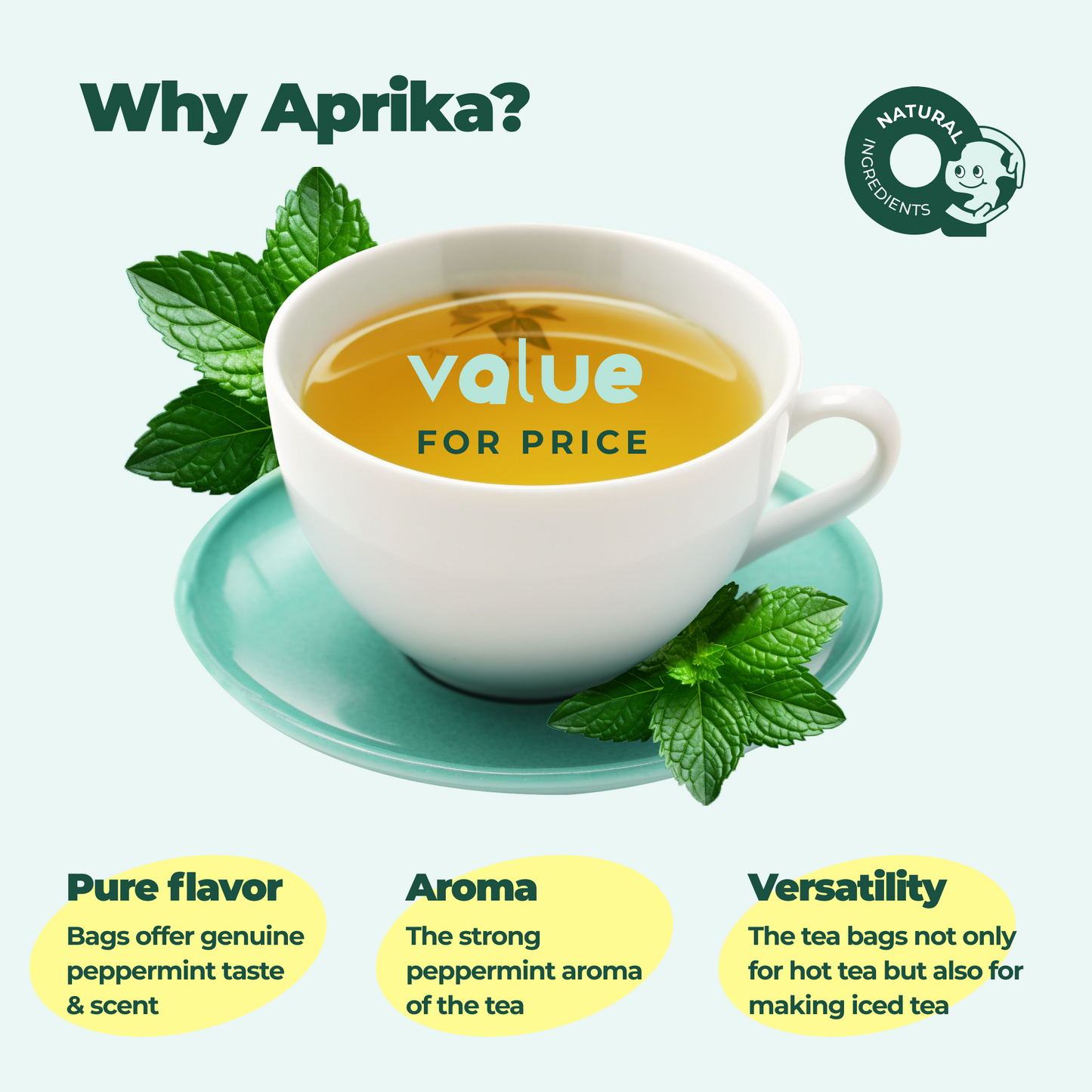 100% Pure Peppermint Herbal Tea, 60 bags by Aprika Life