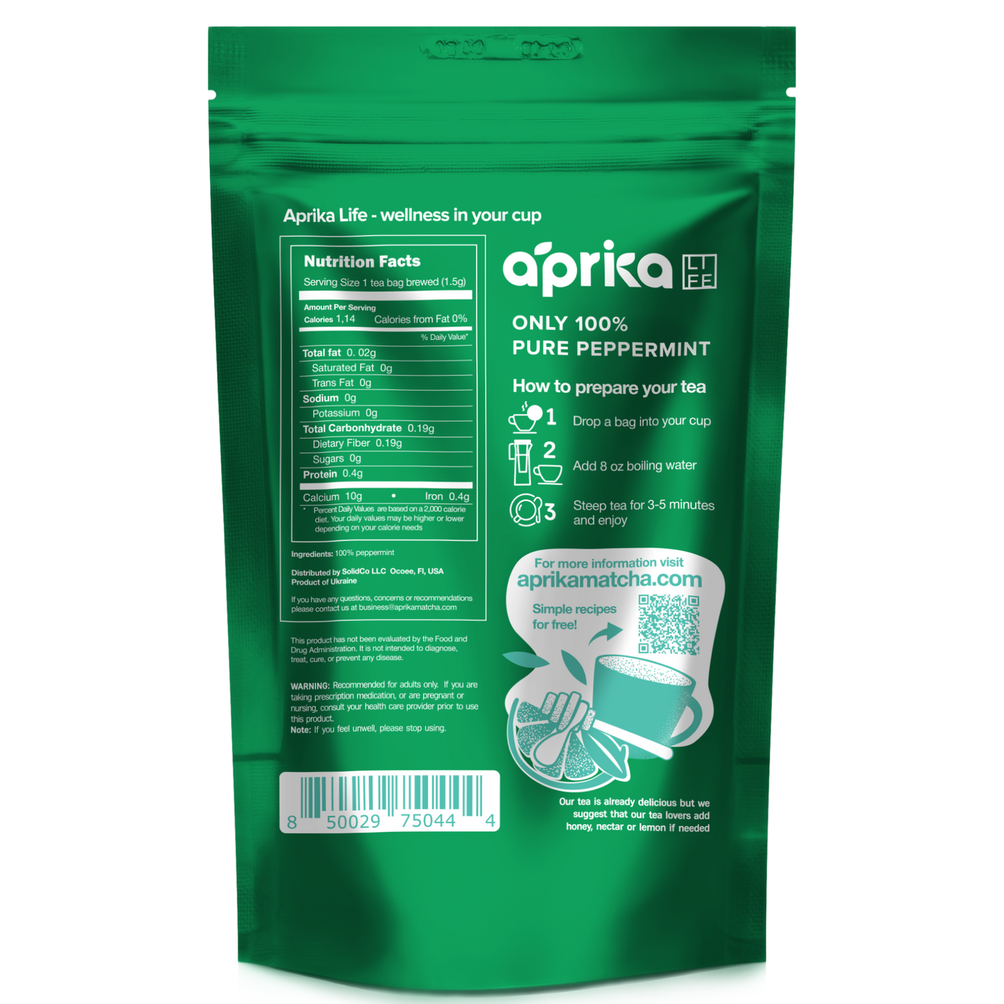 100% Pure Peppermint Herbal Tea, 60 bags by Aprika Life