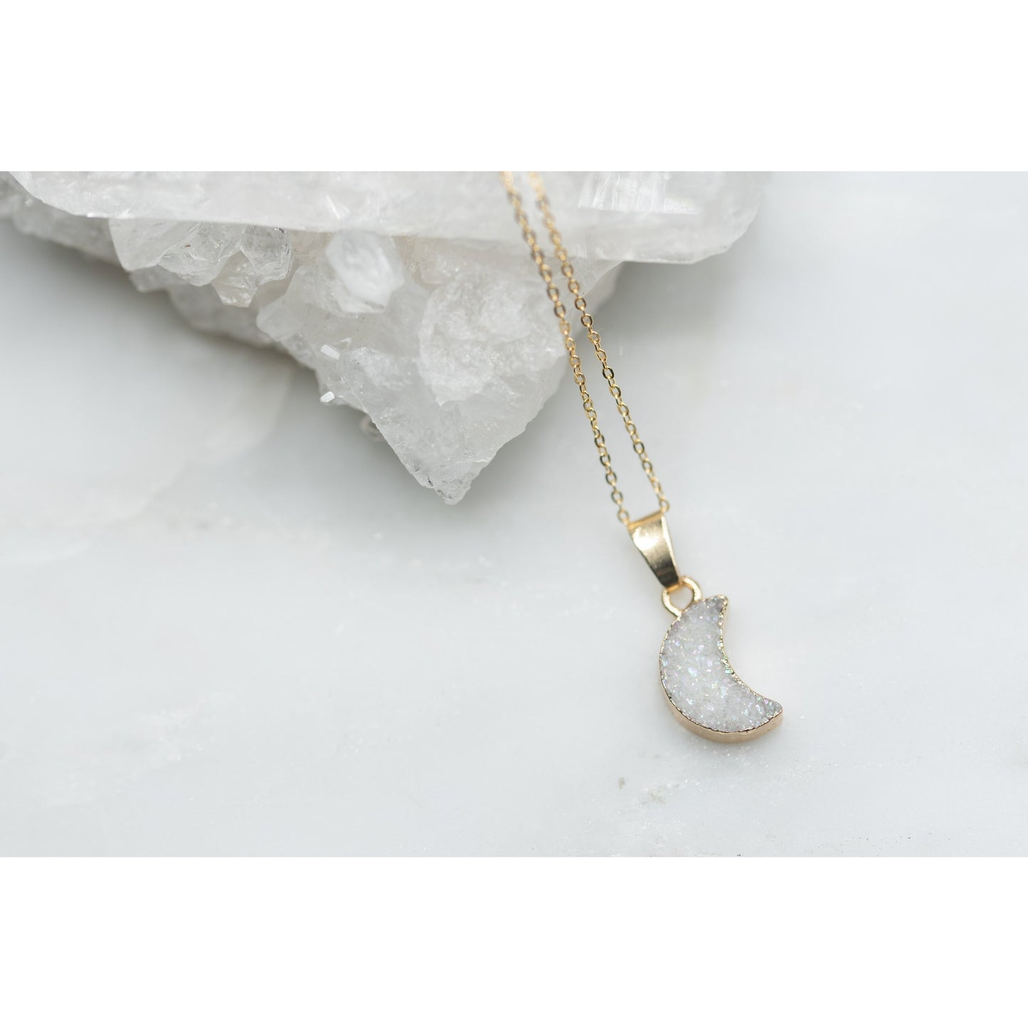 White Druzy Moon Necklace by Fashion Hut Jewelry