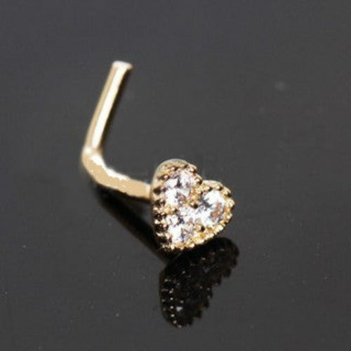 14Kt Yellow Gold Clear CZ Heart L Bend Nose Ring by Fashion Hut Jewelry