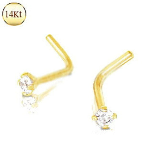 14Kt Yellow Gold Prong Set Clear CZ L Bend Nose Ring by Fashion Hut Jewelry