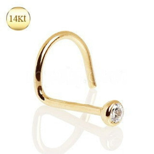 14Kt Yellow Gold Screw Nose Ring with Press Fit CZ by Fashion Hut Jewelry