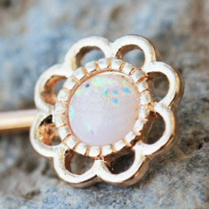 Rose Gold Synthetic Opal Flower Nipple Bar by Fashion Hut Jewelry