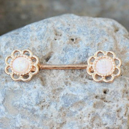 Rose Gold Synthetic Opal Flower Nipple Bar by Fashion Hut Jewelry