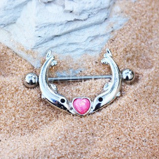 316L Stainless Steel Kissing Dolphins Nipple Jewelry with Heart Shaped Pink Synthetic Opal by Fashion Hut Jewelry