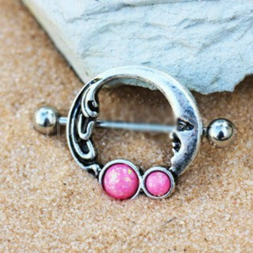 316L Stainless Steel Crescent Moon Nipple Ring with Pink Synthetic Opal by Fashion Hut Jewelry