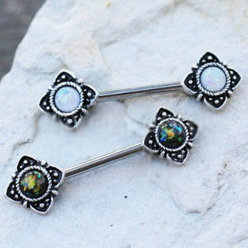 Mystical Flower Nipple Bar with Synthetic Opal by Fashion Hut Jewelry