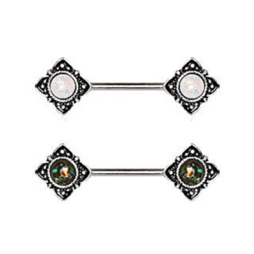 Mystical Flower Nipple Bar with Synthetic Opal by Fashion Hut Jewelry