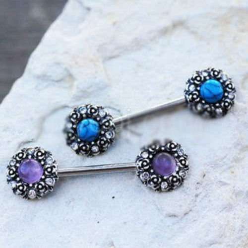 316L Stainless Steel Medieval Rose Nipple Bar Set with Stone Inlay by Fashion Hut Jewelry