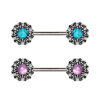 316L Stainless Steel Medieval Rose Nipple Bar Set with Stone Inlay by Fashion Hut Jewelry