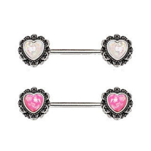 316L Stainless Steel Filigree Synthetic Opal Heart Nipple Bars by Fashion Hut Jewelry