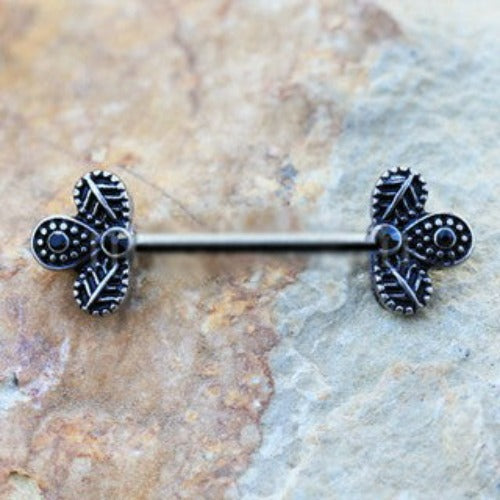 316L Stainless Steel Black Peacock Feather Nipple Bar by Fashion Hut Jewelry