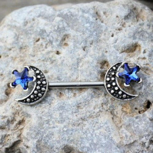 316L Stainless Steel Moon and Blue Star Nipple Bar by Fashion Hut Jewelry