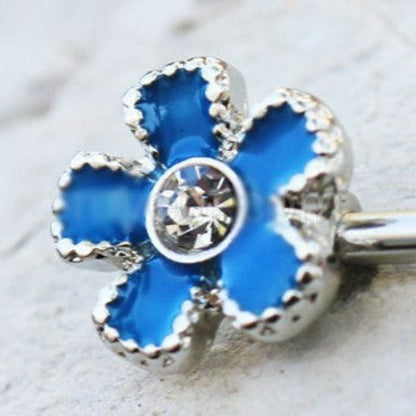 316L Stainless Steel Jeweled Teal Blue Flower Nipple Bar by Fashion Hut Jewelry