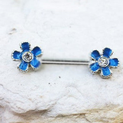 316L Stainless Steel Jeweled Teal Blue Flower Nipple Bar by Fashion Hut Jewelry