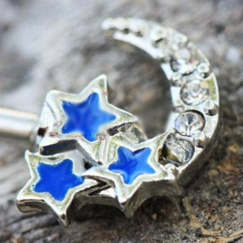 316L Stainless Steel Jeweled Moon and Star Nipple Bar by Fashion Hut Jewelry