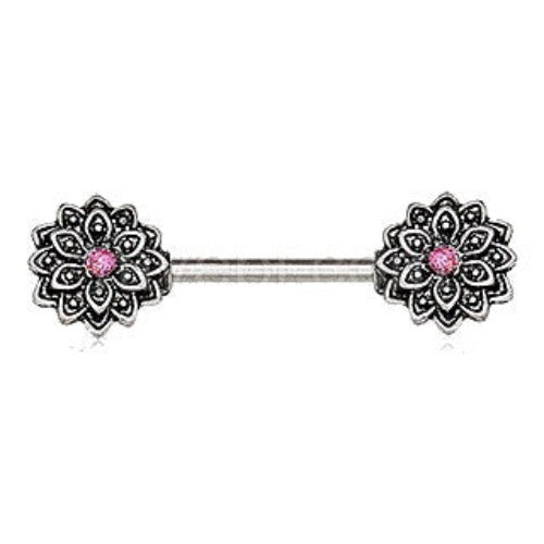 316L Stainless Steel Pink Synthetic Opal Lotus Flower Nipple Bar by Fashion Hut Jewelry