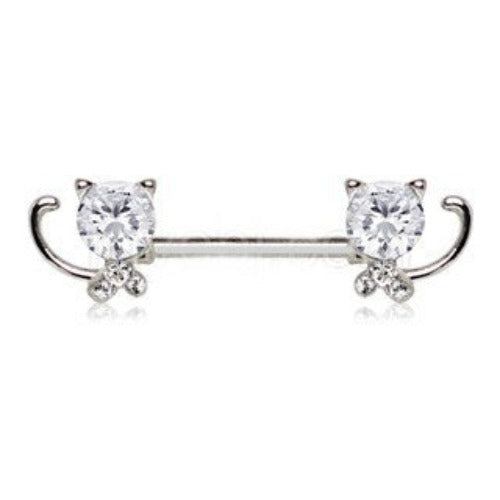 316L Stainless Steel Jeweled Kitty Cat Nipple Bar by Fashion Hut Jewelry