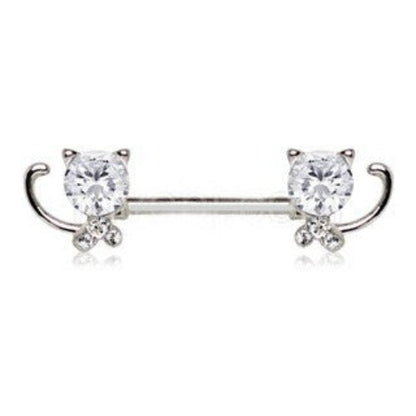 316L Stainless Steel Jeweled Kitty Cat Nipple Bar by Fashion Hut Jewelry