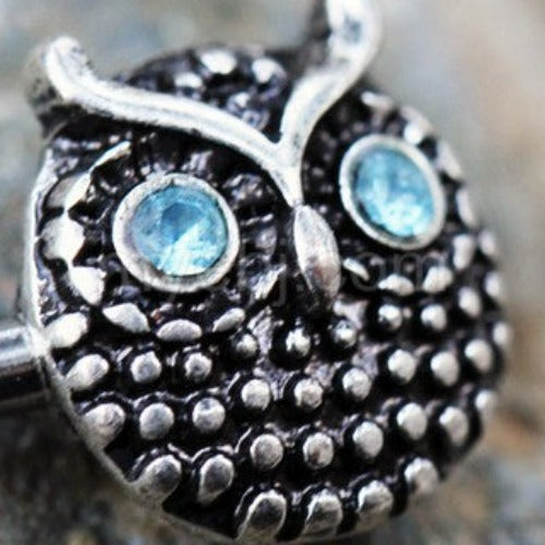 316L Stainless Steel Blue Eyed Owl Nipple Bar by Fashion Hut Jewelry