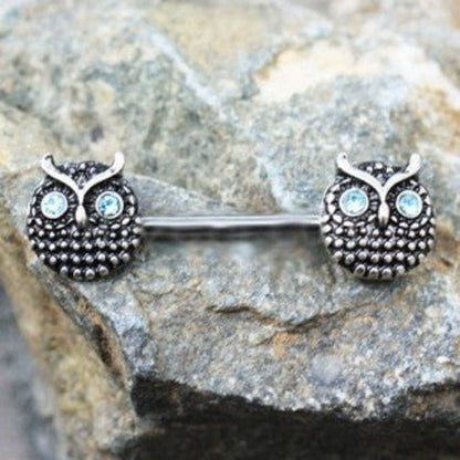 316L Stainless Steel Blue Eyed Owl Nipple Bar by Fashion Hut Jewelry