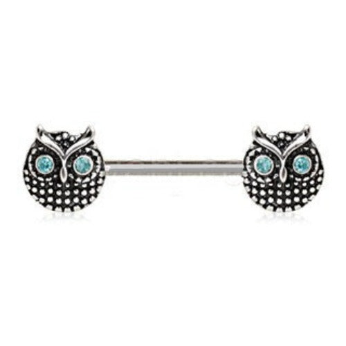 316L Stainless Steel Blue Eyed Owl Nipple Bar by Fashion Hut Jewelry