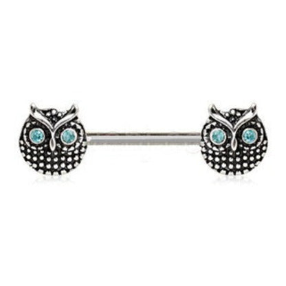 316L Stainless Steel Blue Eyed Owl Nipple Bar by Fashion Hut Jewelry