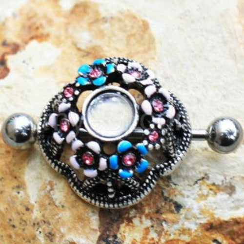 316L Stainless Steel Flower Field Dome Shape Nipple Shield by Fashion Hut Jewelry