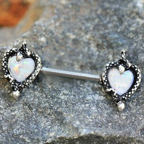 316L Stainless Steel Synthetic Opal Heart with Snake Nipple Bar by Fashion Hut Jewelry