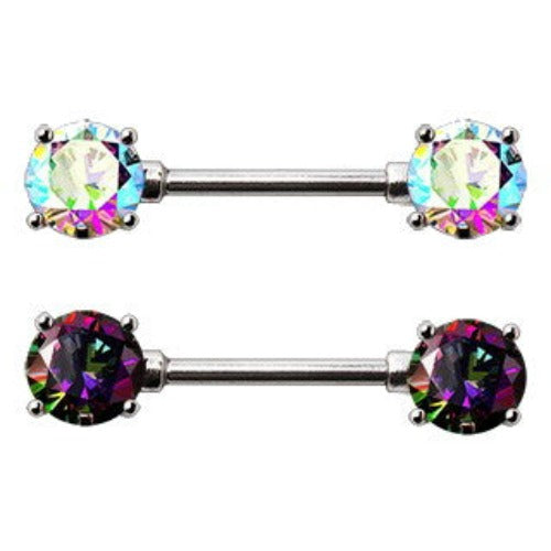 Pair 316L Stainless Steel Prong Set Iridescent Cubic Nipple Bar by Fashion Hut Jewelry