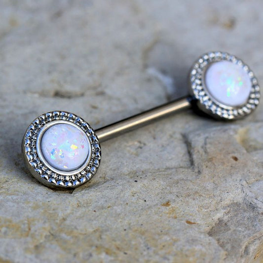 316L Stainless Steel Ornate White Synthetic Opal Nipple Bar by Fashion Hut Jewelry