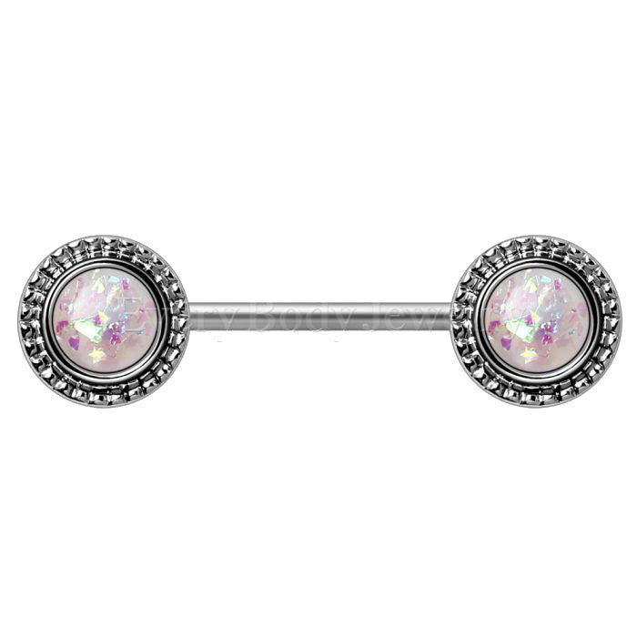 316L Stainless Steel Ornate White Synthetic Opal Nipple Bar by Fashion Hut Jewelry