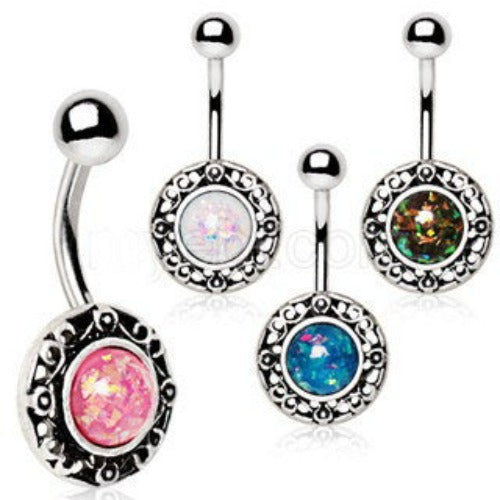 316L Stainless Steel Antique Navel Ring with Adorned Synthetic Opal by Fashion Hut Jewelry