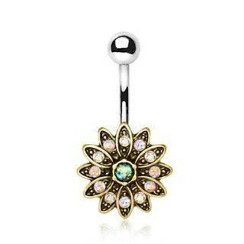 316L Stainless Steel Golden Aurora Floral Navel Ring by Fashion Hut Jewelry