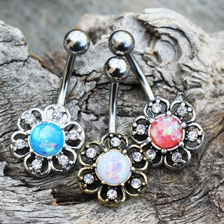 316L Stainless Steel Synthetic Opal Floral Navel Ring by Fashion Hut Jewelry