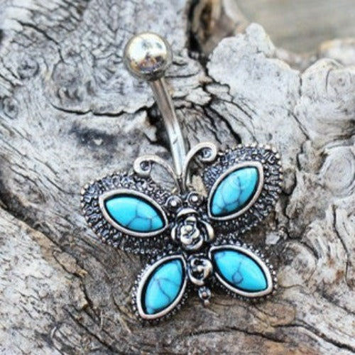 316L Stainless Steel Antique Turquoise Butterfly Navel Ring by Fashion Hut Jewelry