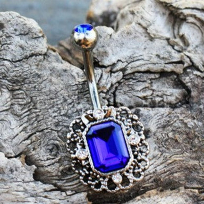 316L Stainless Steel Radiant Cut Sapphire Blue CZ Ornate Navel Ring by Fashion Hut Jewelry