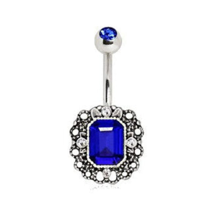 316L Stainless Steel Radiant Cut Sapphire Blue CZ Ornate Navel Ring by Fashion Hut Jewelry