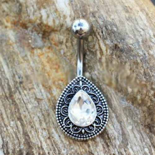 316L Stainless Steel Ornate Teardrop Navel Ring by Fashion Hut Jewelry