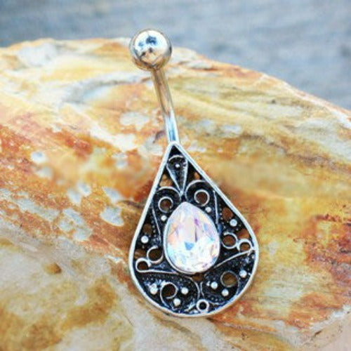 316L Stainless Steel Ornate Jeweled Teardrop Navel Ring by Fashion Hut Jewelry