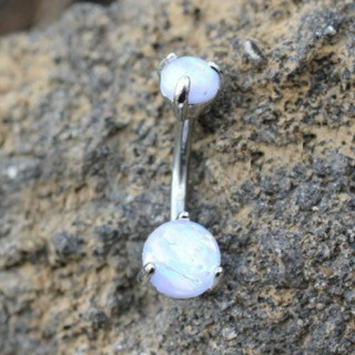 316L Stainless Steel Navel Ring with Prong Set White Synthetic Opal by Fashion Hut Jewelry